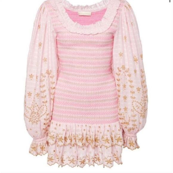 LoveShackFancy Celia Dress in Gilded Pink NWT Cottagecore Smocked Embroidered - Picture 2 of 14